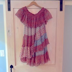 Ramy Brook coral, blue and silver, off the shoulder floral dress.